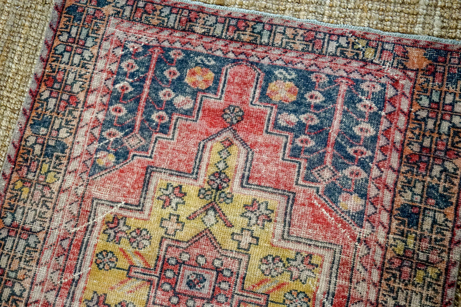 4’4 x 8’5 Vintage Turkish Oushak Carpet Muted Red, Dark Navy and Honey