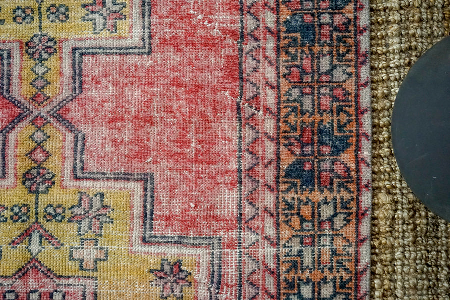 4’4 x 8’5 Vintage Turkish Oushak Carpet Muted Red, Dark Navy and Honey