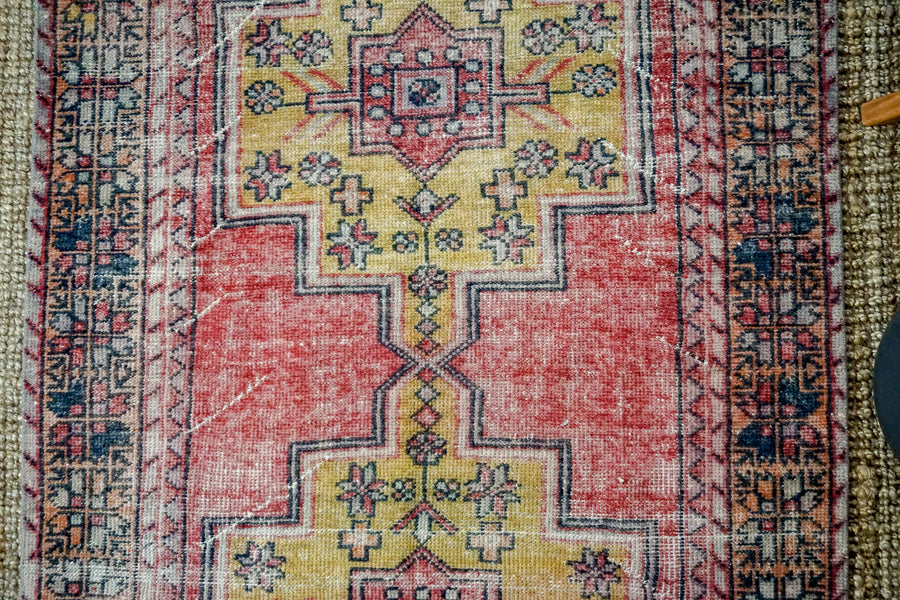 4’4 x 8’5 Vintage Turkish Oushak Carpet Muted Red, Dark Navy and Honey