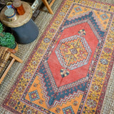 3’7 x 7’ Vintage Turkish Oushak Carpet Red, Navy Blue and Orange