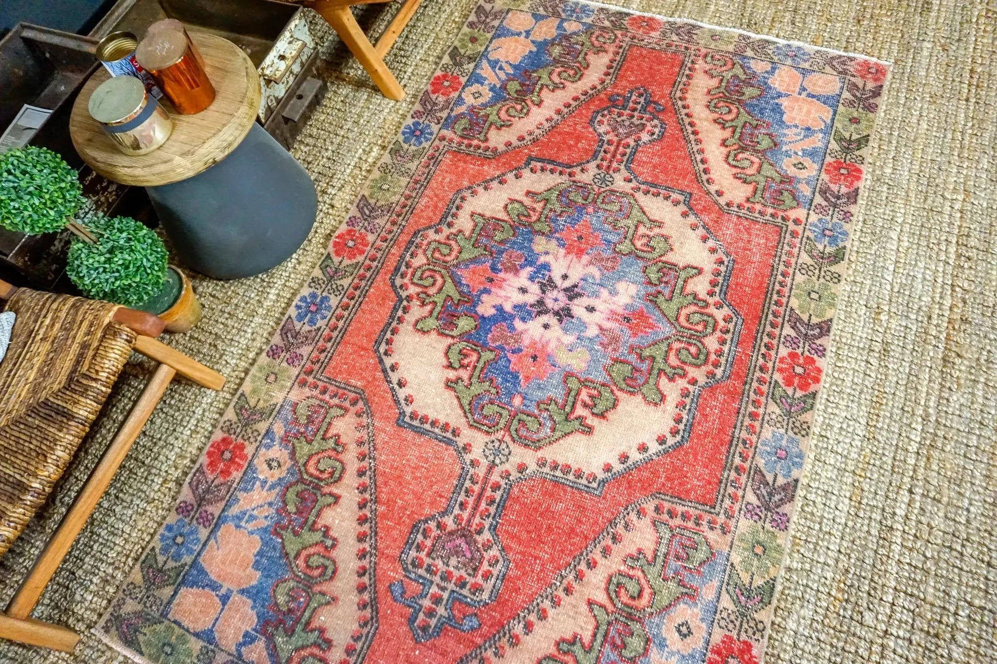 4’1 x 6’ 10 Vintage Turkish Oushak Carpet Muted Watermelon, Periwinkle Blue and Army Green '3423 Linda's Barn