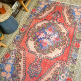 4’1 x 6’ 10 Vintage Turkish Oushak Carpet Muted Watermelon, Periwinkle Blue and Army Green