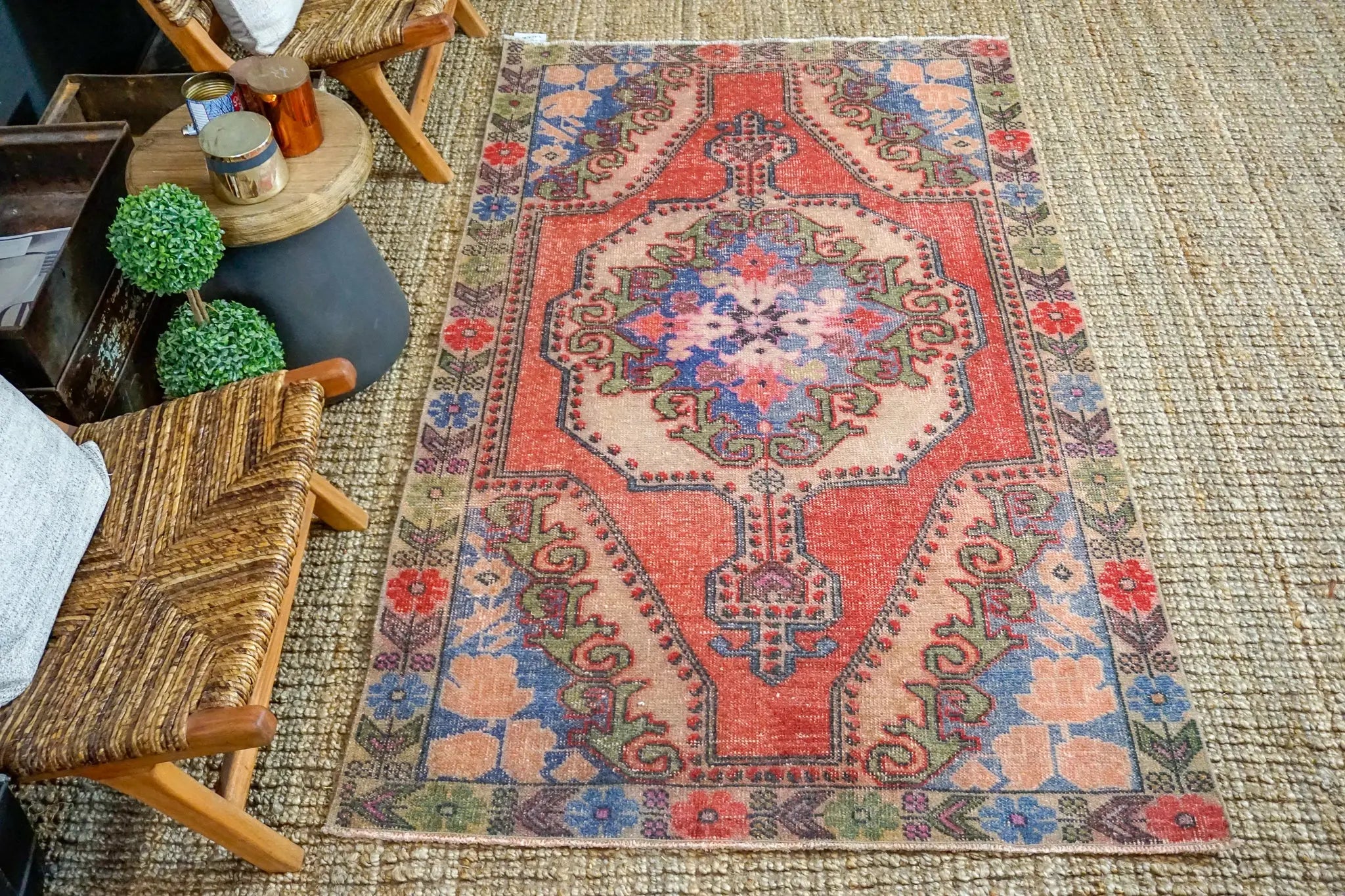 4’1 x 6’ 10 Vintage Turkish Oushak Carpet Muted Watermelon, Periwinkle Blue and Army Green '3423 Linda's Barn
