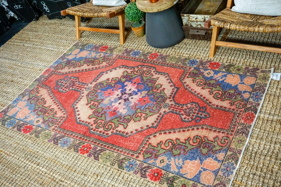 4’1 x 6’ 10 Vintage Turkish Oushak Carpet Muted Watermelon, Periwinkle Blue and Army Green