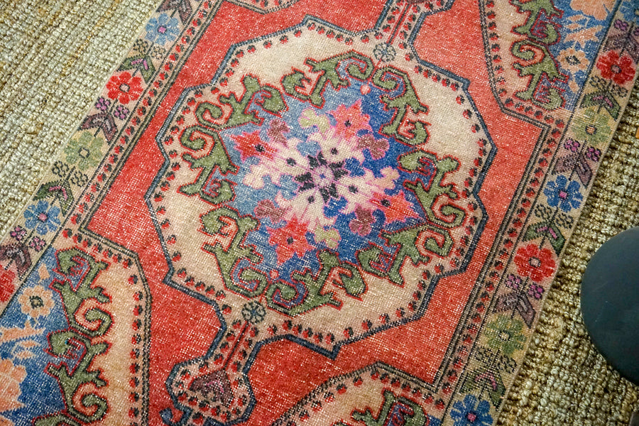 4’1 x 6’ 10 Vintage Turkish Oushak Carpet Muted Watermelon, Periwinkle Blue and Army Green