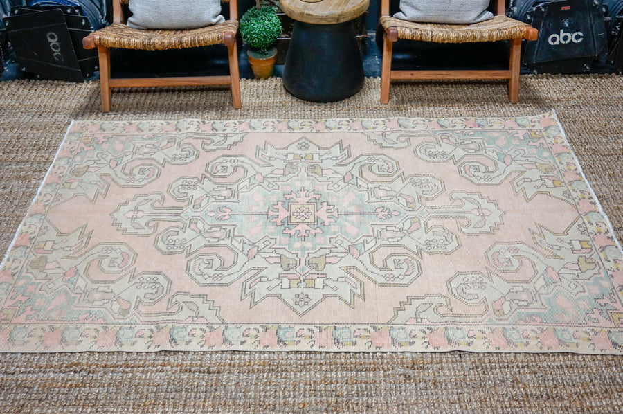 4’4 x 7’2 Vintage Oushak Rug Muted Pink + Baby Blue