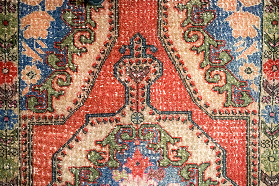 4’1 x 6’ 10 Vintage Turkish Oushak Carpet Muted Watermelon, Periwinkle Blue and Army Green