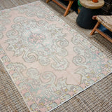 4’4 x 7’2 Vintage Oushak Rug Muted Pink + Baby Blue