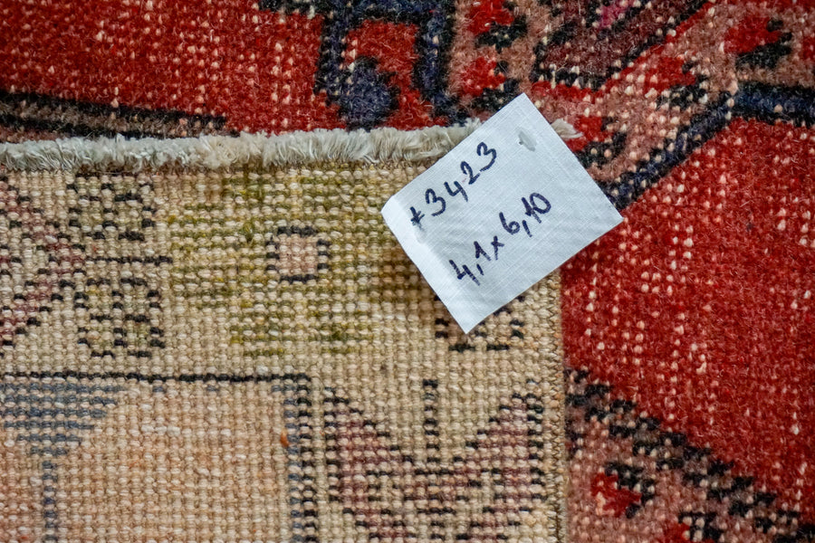 4’1 x 6’ 10 Vintage Turkish Oushak Carpet Muted Watermelon, Periwinkle Blue and Army Green