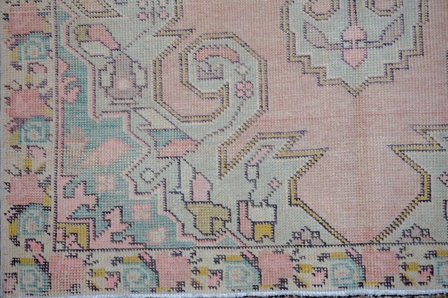 4’4 x 7’2 Vintage Oushak Rug Muted Pink + Baby Blue
