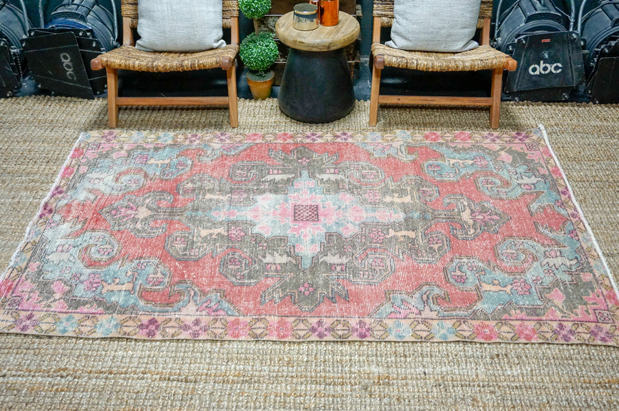 4’2 x 7’5 Vintage Oushak Rug Muted Coral Red, Dark Taupe + Blue
