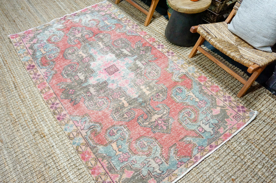 4’2 x 7’5 Vintage Oushak Rug Muted Coral Red, Dark Taupe + Blue
