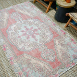4’2 x 7’5 Vintage Oushak Rug Muted Watermelon, Pale Pink + Blue