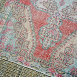 4’2 x 7’5 Vintage Oushak Rug Muted Watermelon, Pale Pink + Blue