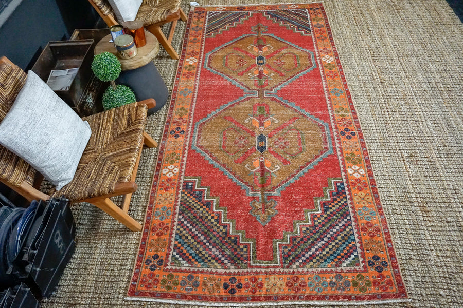 4’2 x 9’3 Vintage Turkish Oushak Carpet Red, Brown and Blue