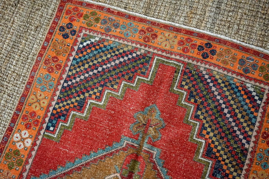 4’2 x 9’3 Vintage Turkish Oushak Carpet Red, Brown and Blue