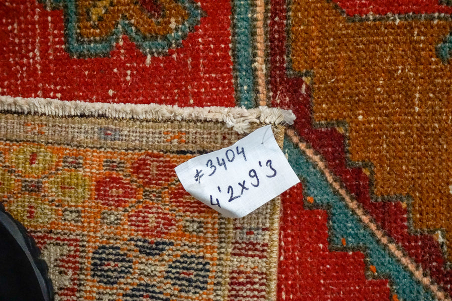 4’2 x 9’3 Vintage Turkish Oushak Carpet Red, Brown and Blue