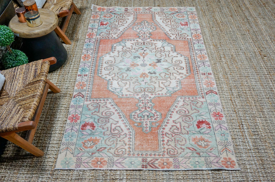 4’2 x 7’1 Vintage Oushak Rug Muted Burnt Orange, Mint Green & Beige