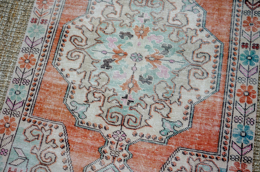 4’2 x 7’1 Vintage Oushak Rug Muted Burnt Orange, Mint Green & Beige