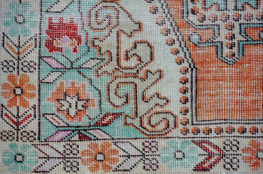 4’2 x 7’1 Vintage Oushak Rug Muted Burnt Orange, Mint Green & Beige
