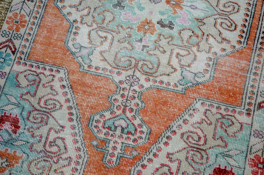 4’2 x 7’1 Vintage Oushak Rug Muted Burnt Orange, Mint Green & Beige