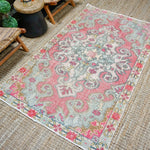 4’4 x 7’2 Vintage Oushak Rug Muted Pink + Powder Blue '4382 Linda's Barn