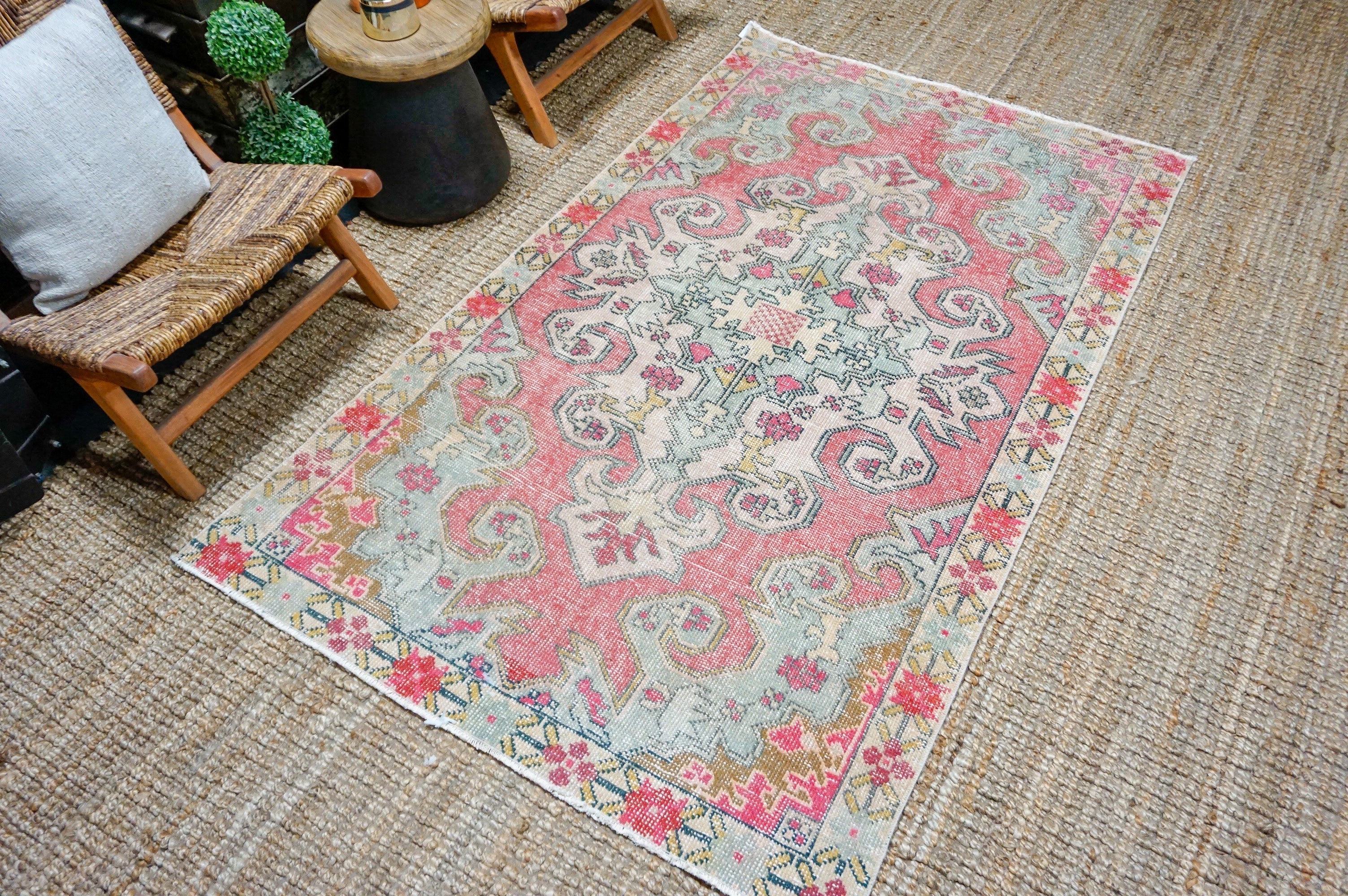 4’4 x 7’2 Vintage Oushak Rug Muted Pink + Powder Blue '4382 Linda's Barn