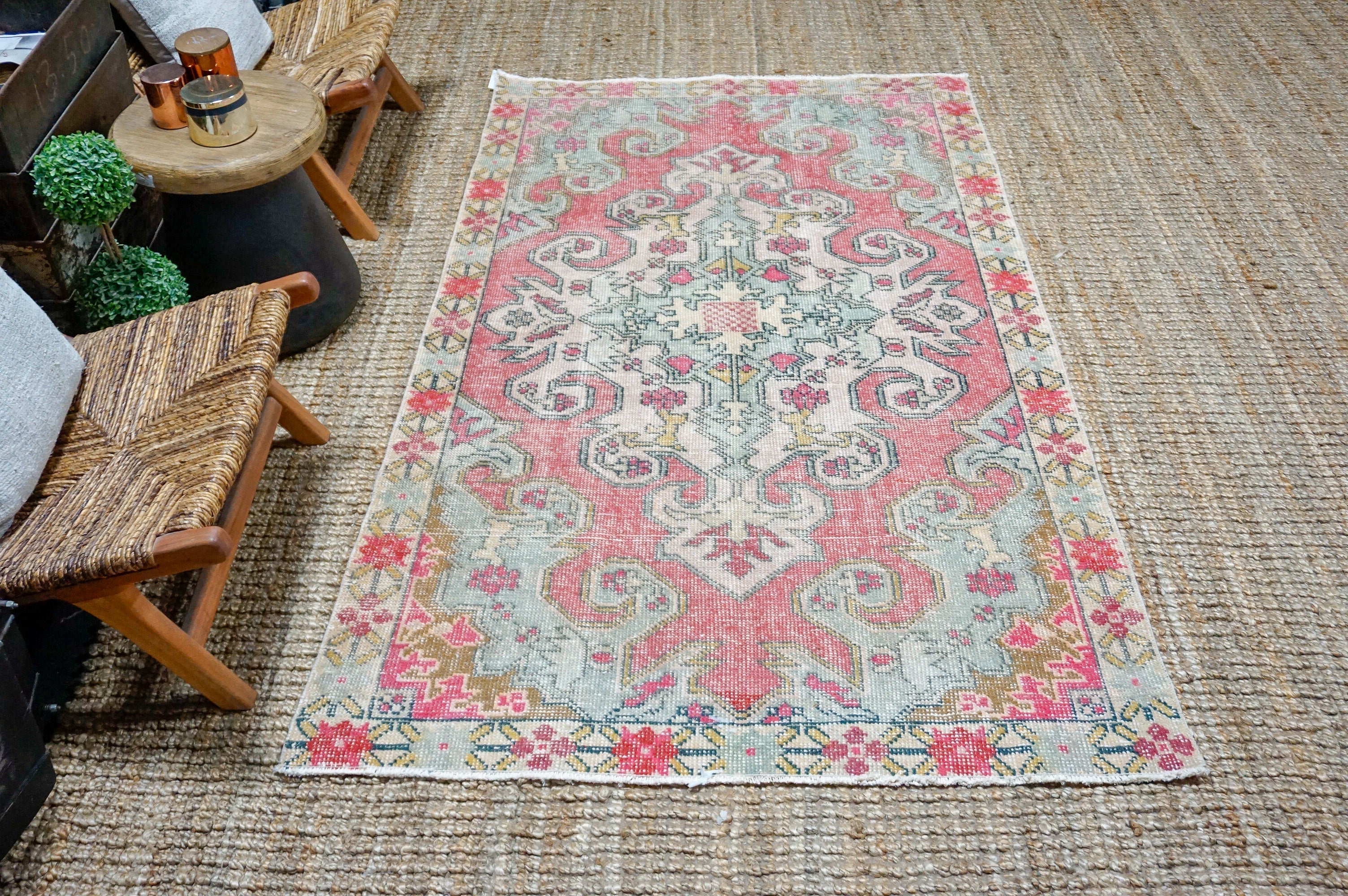 4’4 x 7’2 Vintage Oushak Rug Muted Pink + Powder Blue '4382 Linda's Barn