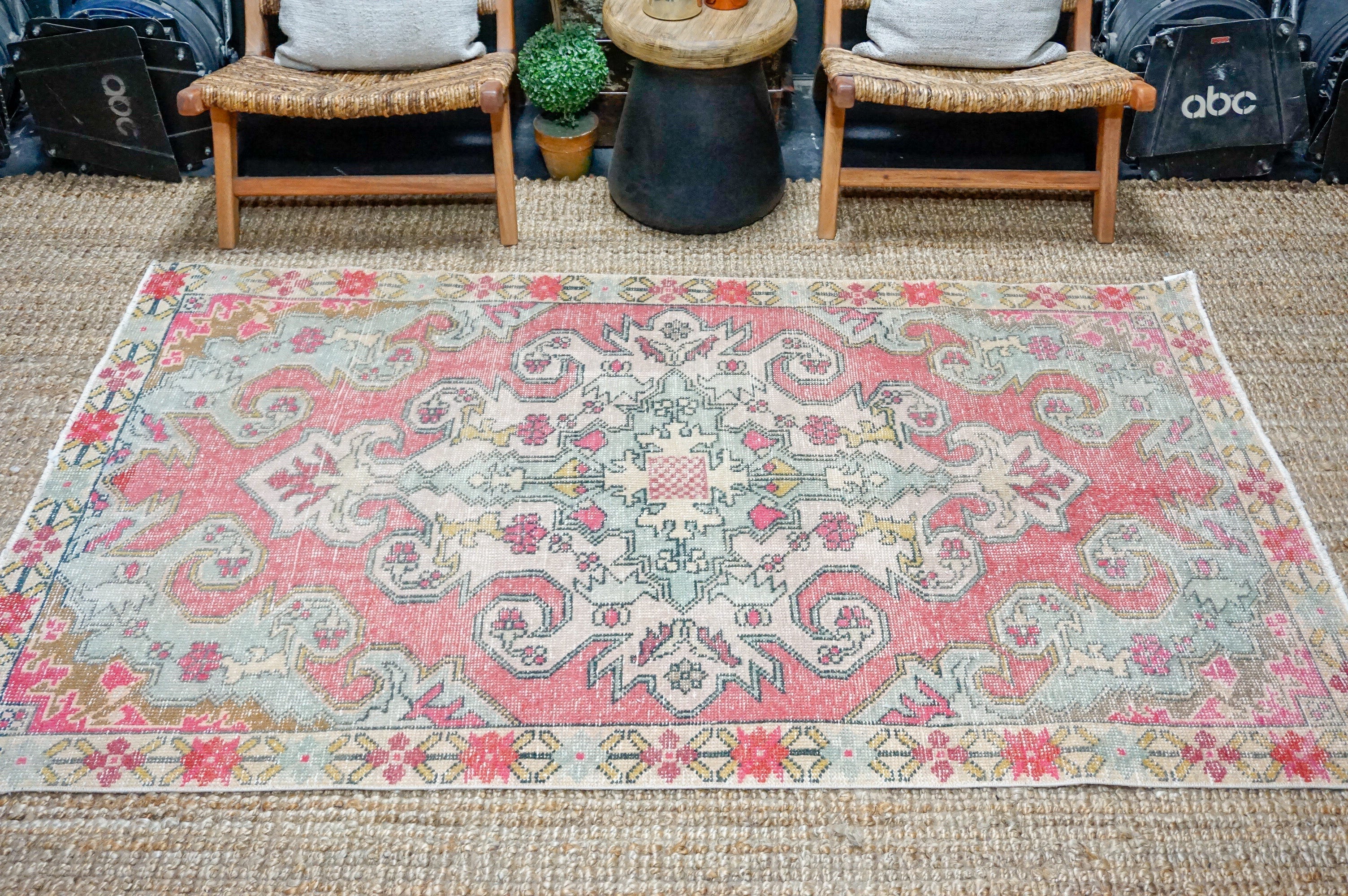 4’4 x 7’2 Vintage Oushak Rug Muted Pink + Powder Blue '4382 Linda's Barn
