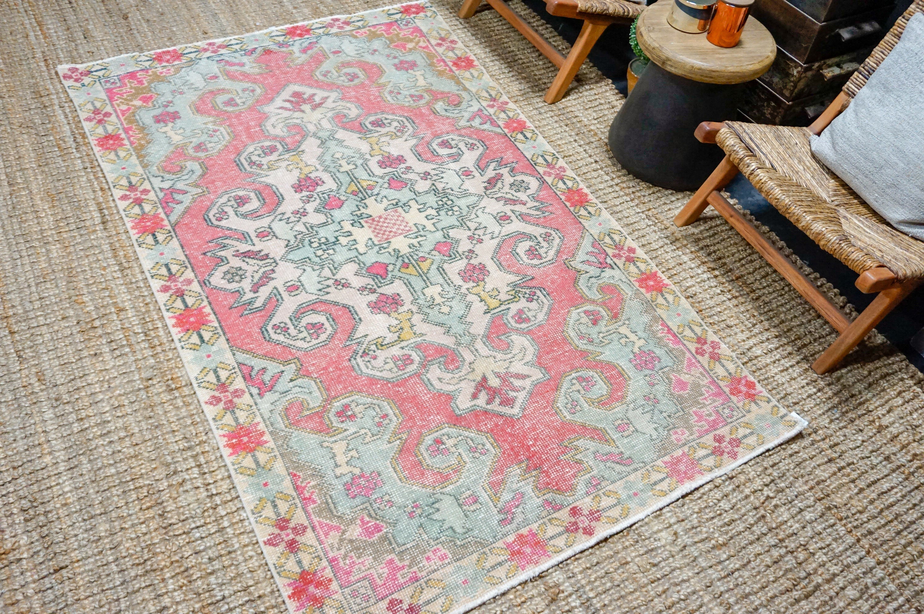 4’4 x 7’2 Vintage Oushak Rug Muted Pink + Powder Blue '4382 Linda's Barn