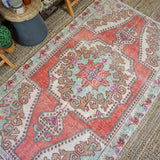 4’4 x 7’4 Vintage Turkish Oushak Carpet Muted Red, Cream and Sea Blue