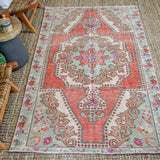 4’4 x 7’4 Vintage Turkish Oushak Carpet Muted Red, Cream and Sea Blue
