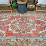 4’4 x 7’4 Vintage Turkish Oushak Carpet Muted Red, Cream and Sea Blue
