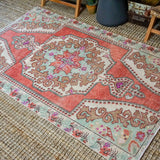 4’4 x 7’4 Vintage Turkish Oushak Carpet Muted Red, Cream and Sea Blue