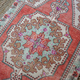 4’4 x 7’4 Vintage Turkish Oushak Carpet Muted Red, Cream and Sea Blue