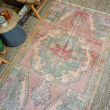 4’3 x 7’ Vintage Turkish Oushak Carpet Muted Apricot, Pink and Sage Green '3391