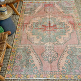 4’3 x 7’ Vintage Turkish Oushak Carpet Muted Apricot, Pink and Sage Green '3391