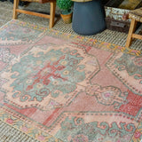 4’3 x 7’ Vintage Turkish Oushak Carpet Muted Apricot, Pink and Sage Green '3391