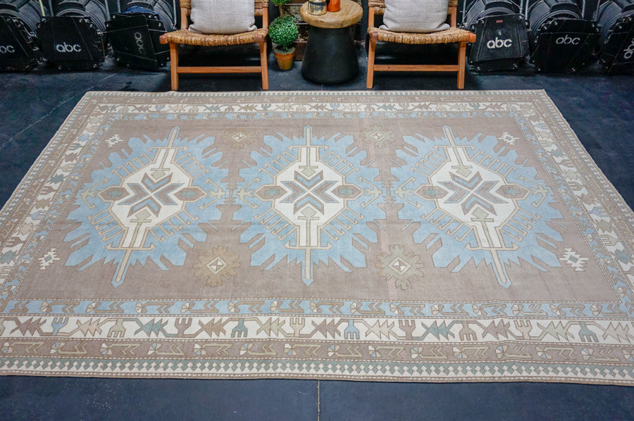 7’4 x 10’ Classic Vintage Milas Muted Sky Blue, Saddle Brown + Cream