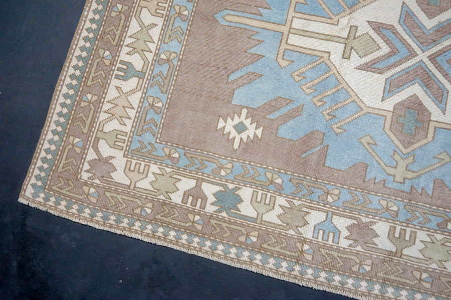 7’4 x 10’ Classic Vintage Milas Muted Sky Blue, Saddle Brown + Cream