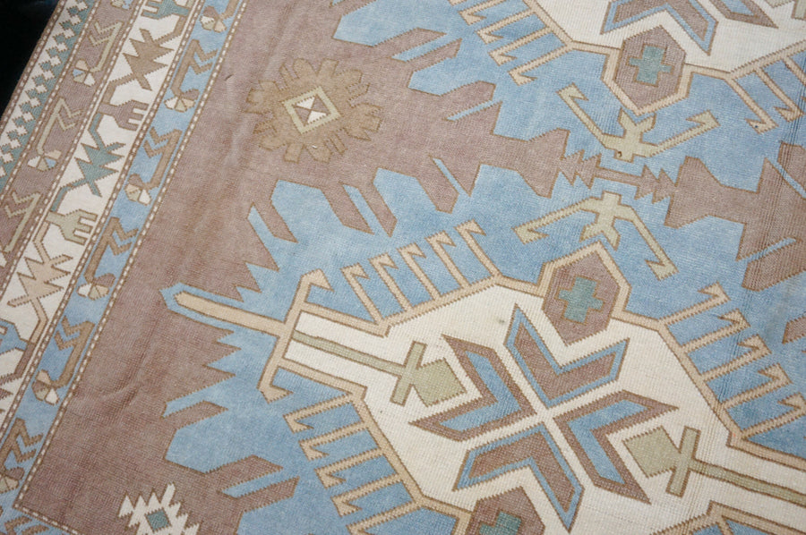 7’4 x 10’ Classic Vintage Milas Muted Sky Blue, Saddle Brown + Cream