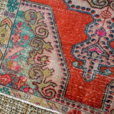 4’3 x 7’ Vintage Turkish Oushak Carpet Muted Deep Red, Pink + Green