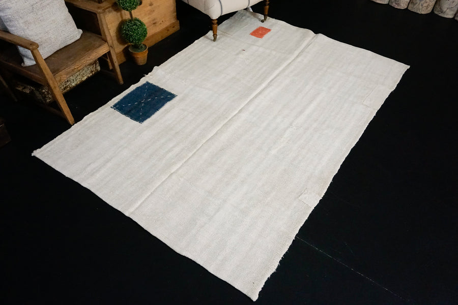 5’7 x 8’2 MCM Organic Hemp Rug Vintage Turkish Kilim Creamy White