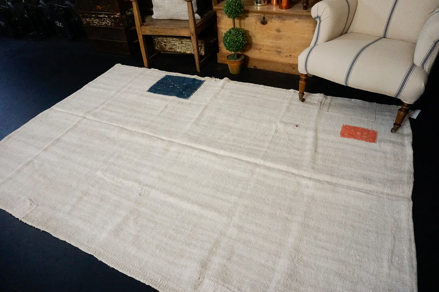 5’7 x 8’2 MCM Organic Hemp Rug Vintage Turkish Kilim Creamy White