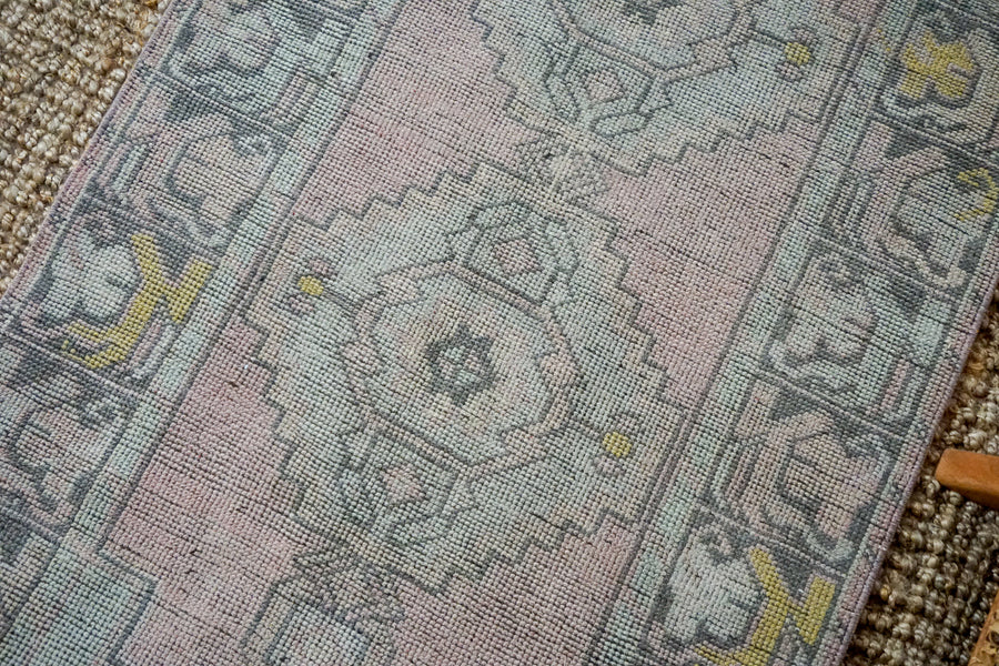 2’11 x 9’5 Vintage Turkish Oushak Runner Muted Blue, Pink + Gray