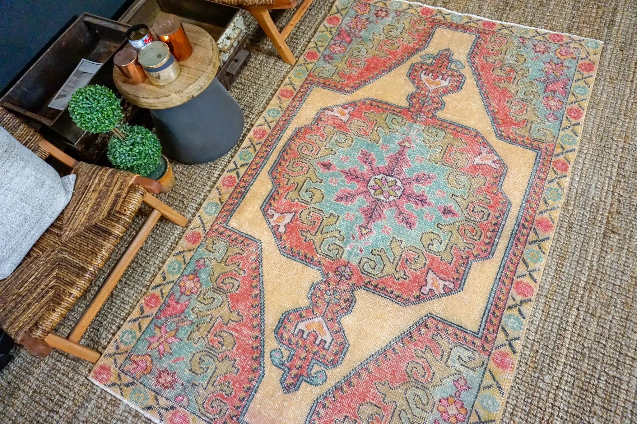 4’5 x 7’6 Vintage Turkish Oushak Carpet Muted Watermelon, Ecru and Turquoise '3392 Linda's Barn