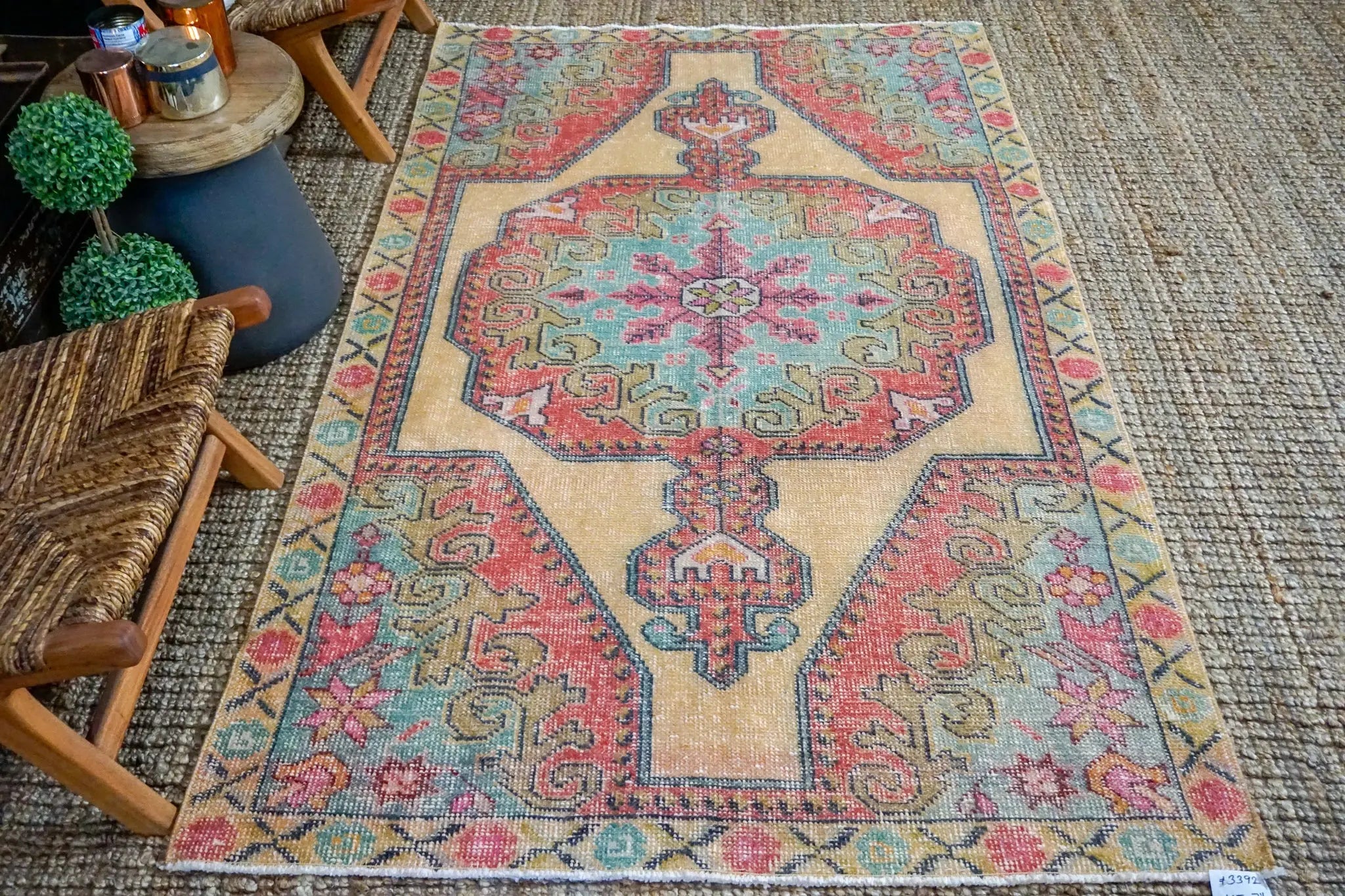 4’5 x 7’6 Vintage Turkish Oushak Carpet Muted Watermelon, Ecru and Turquoise '3392 Linda's Barn
