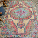 4’5 x 7’6 Vintage Turkish Oushak Carpet Muted Watermelon, Ecru and Turquoise