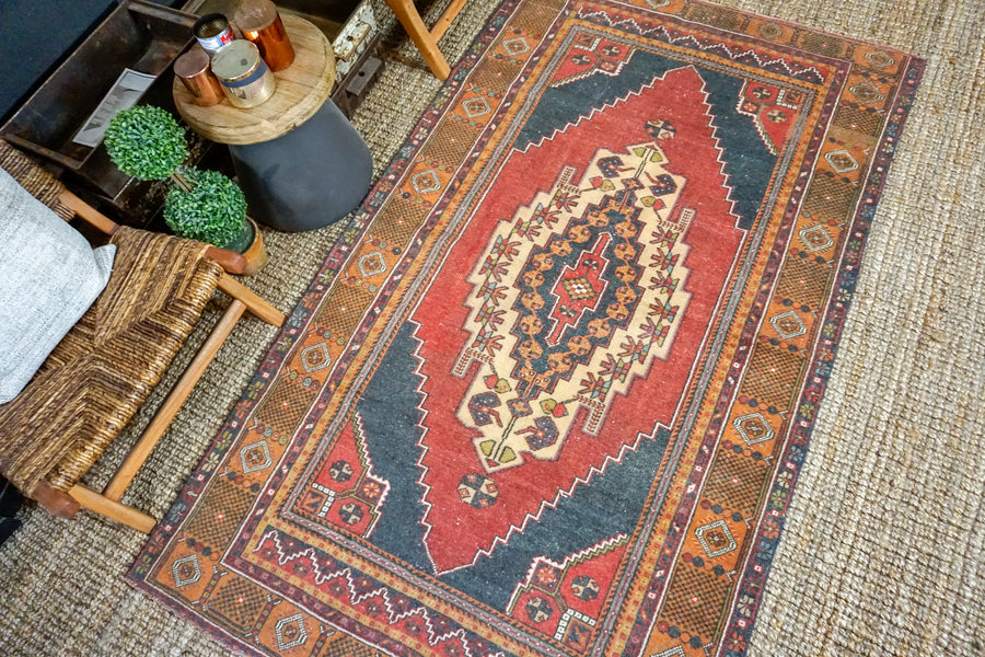 4’6 x 7’8 Vintage Turkish Oushak Carpet Muted Red, Charcoal and Ecru