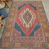 4’6 x 7’8 Vintage Turkish Oushak Carpet Muted Red, Charcoal and Ecru